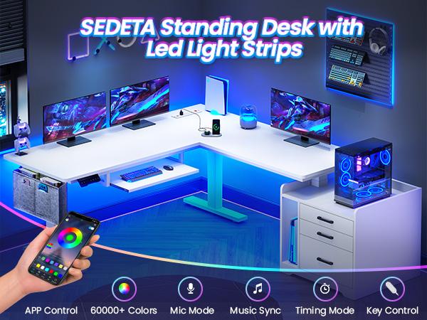 SEDETA 63 Inch Height Adjustable L Shaped Electric Standing Desk Computer Gaming Desk with Led Lights 3 Drawers Power Outlet