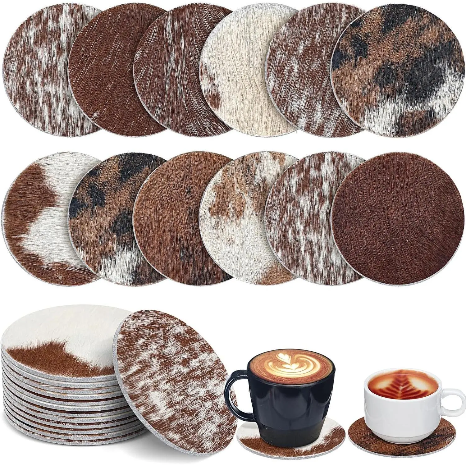 12 Pcs Round Cowhide Pattern PU Leather Coasters, Natural Leather Drink Coasters, Classic Western Style Coffee Table Accessory, Protects Desk from Rings, Ideal for Living Room Office DecorGift