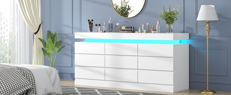9 Drawer Dresser with Power Outlet, Dresser with LED Light, Modern Chest of Drawers for Closet, Double Wide Drawer Organizer Cabinet