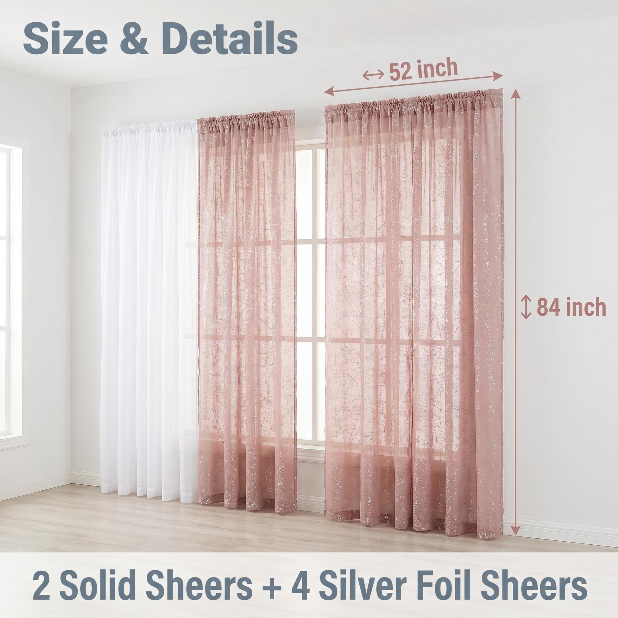 6-Panel Rod Pocket Window Drape Set (52"x84") - Durable, Dustproof, Breathable, Anti-Shrink, Fade-Resistant Flat Weave, 4 Foil Silver Metallic Sheers, 2 Linen Texture Chenille Semi-Sheers, Easy Installation, for Bedrooms/Living Rooms (FT5001 L39), Rust