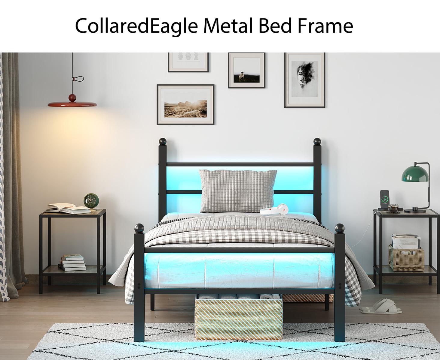Modern Metal Bed Frame w/ Headboard + Footboard | Charging Station & LED Lights