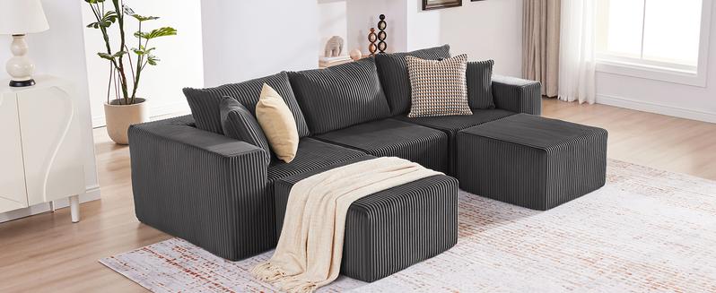 【2/3 packages shipping】107.4" Cloud Couch Sectional, Modular Sofa with Deep Seat, Plush Corduroy L Shaped Boneless Couch, Convertible Sectional Couches for Living Room, 4Seat