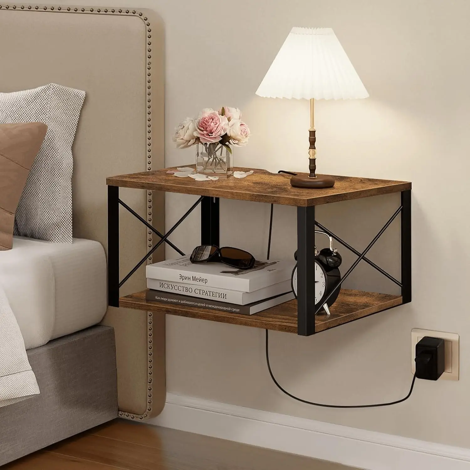 Wood Floating Nightstand, Floating Bedside Table with Cable Hole, Modern Minimalist Wall Mounted Side Table for Bedroom Storage