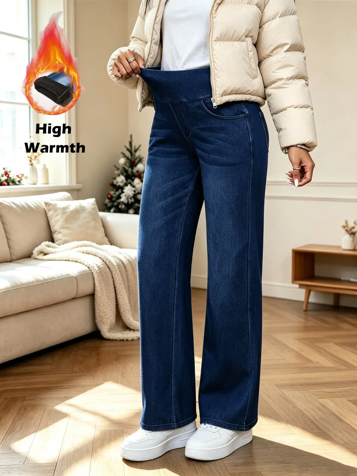Women's Fleece Lined Fall Winter Casual Stretch Jeans, Side Zipper, Cotton Blend Floor-Length Pants, Comfortable Loose Fit, Essential Wardrobe Item