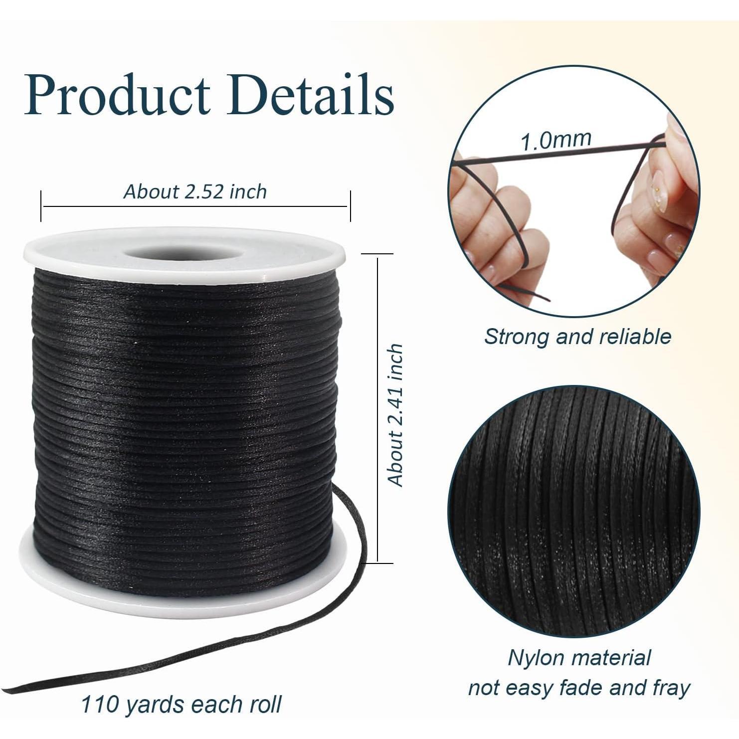 1mm Nylon Satin Rattail Cord - 110 Yds Long Length Chinese Knotting Cord for Bracelet, Necklace Making, Macrame Trim (Black), BE-12