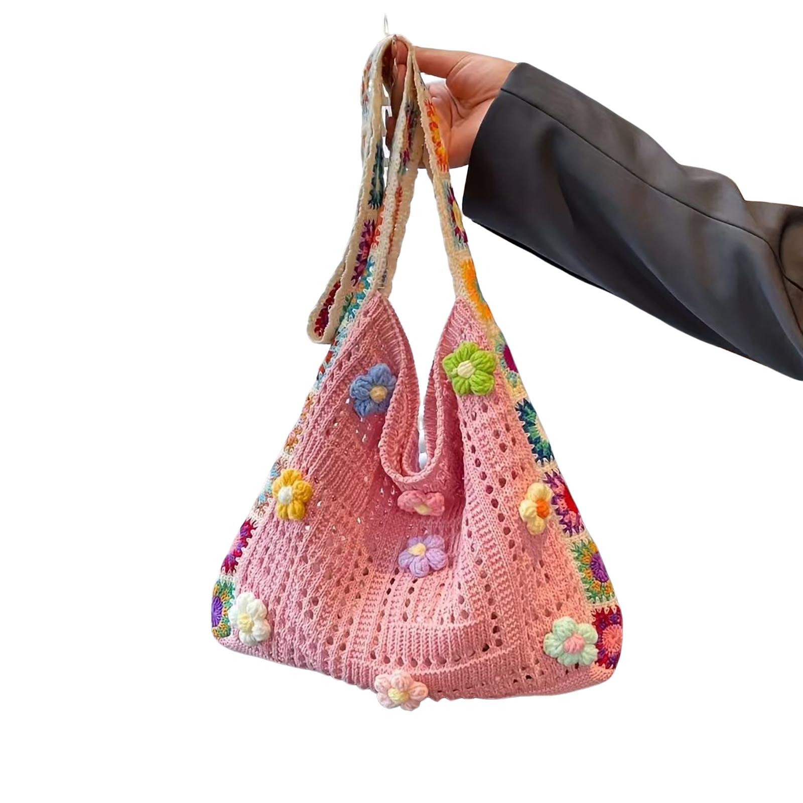 Handmade Crochet Hollow Flower Tote Bag, 5 Colors Available, Summer Fresh Weave Shoulder Bag, Beach Vacation Casual Large Capacity Crossbody Bag