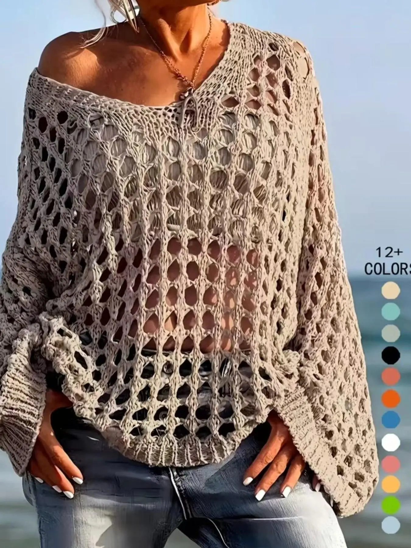 Summer Vacation Hollow Out Loose Fit Pullover Knitted Sweater, Casual Large Size Women's Top Womenswear, Comfortable, Stylish and Aesthetic Clothing, Knitwear, Knitting