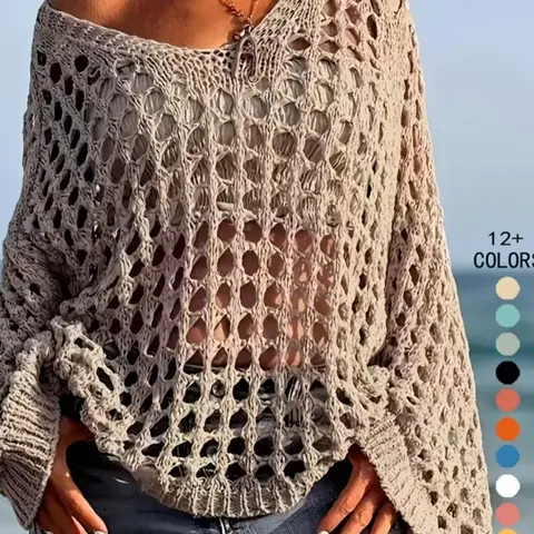 Summer Vacation Hollow Out Loose Fit Pullover Knitted Sweater, Casual Large Size Women's Top Womenswear, Comfortable, Stylish and Aesthetic Clothing, Knitwear, Knitting, Casual Pullover Tops