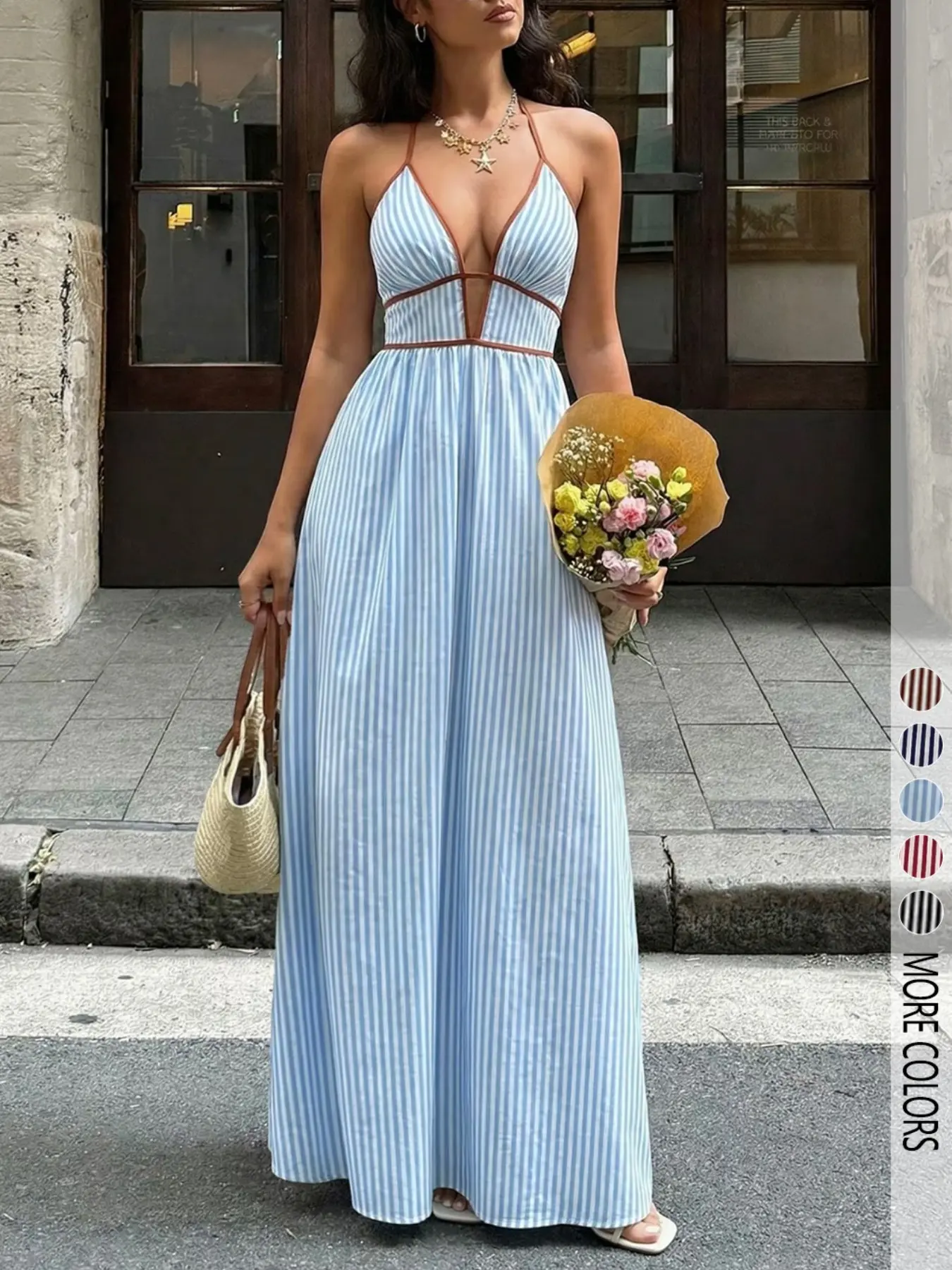Women's French Style Striped Halter Dress, Chic Elegant Deep V Neck Waist  Cinch Long Dress for Vacation and Beach Womenswear - TikTok Shop