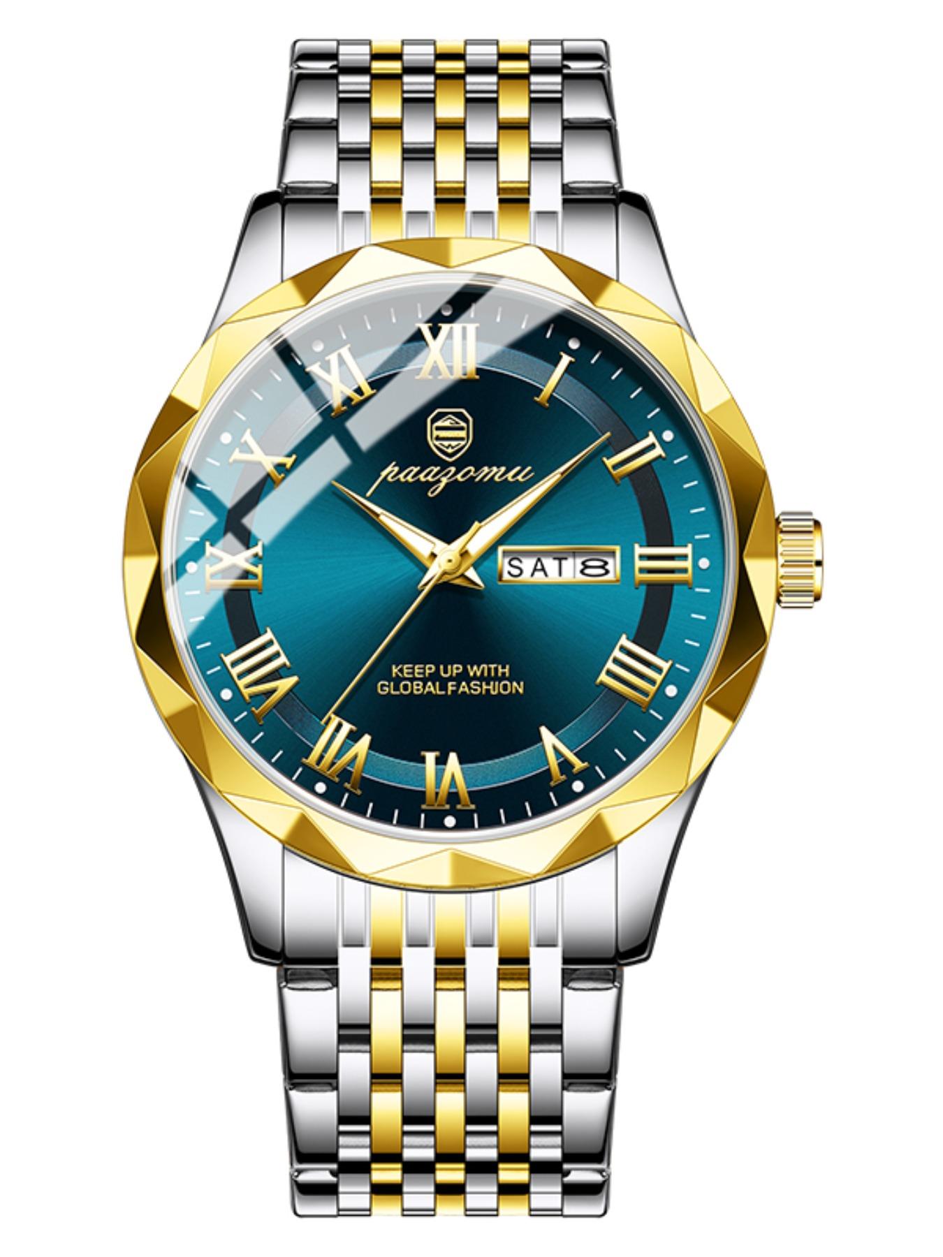 Paazomu Brand Steel Belt Dual Calendar Men's Quartz Watch 6367, Stylish Timepiece for Everyday Wear, Durable and Reliable Design