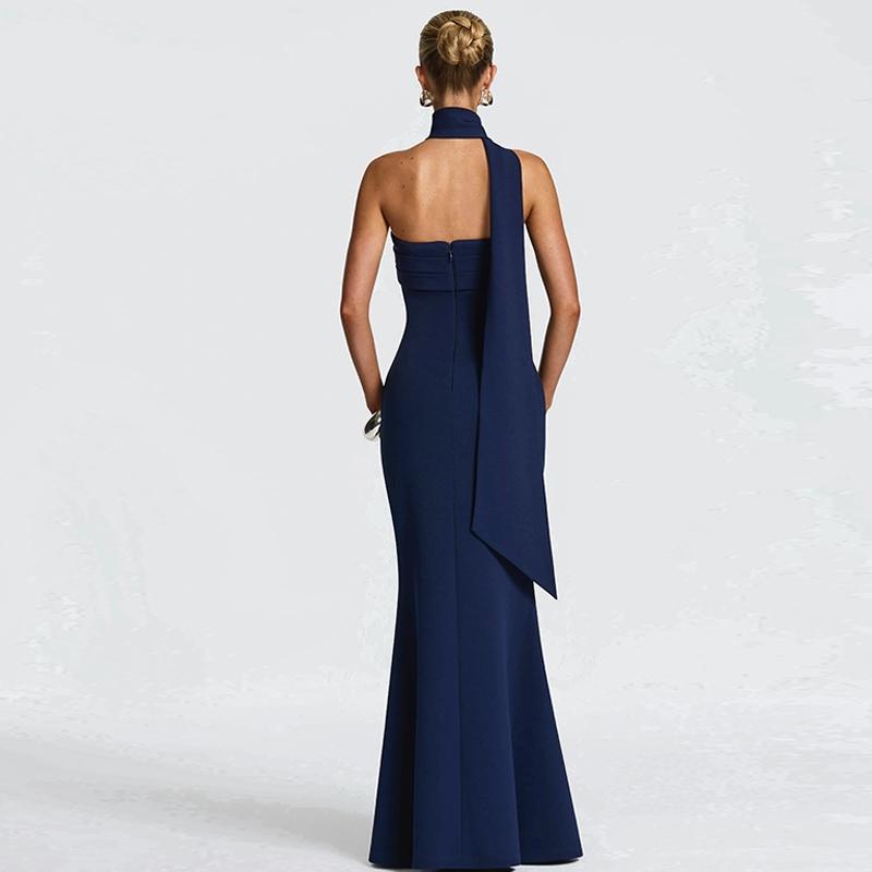 Women‘s Black Tie-neck Dress, Solid Ruched Sleeveless Strapless Backless Tube Dress & Halter Neck Scarf Ribbon Two-piece Set, Plain Back Zipper Maxi Long Dresses, Sexy Cocktail Party Club Date Evening Gown Wedding Guest Mermaid Dress Outfit For Ladies