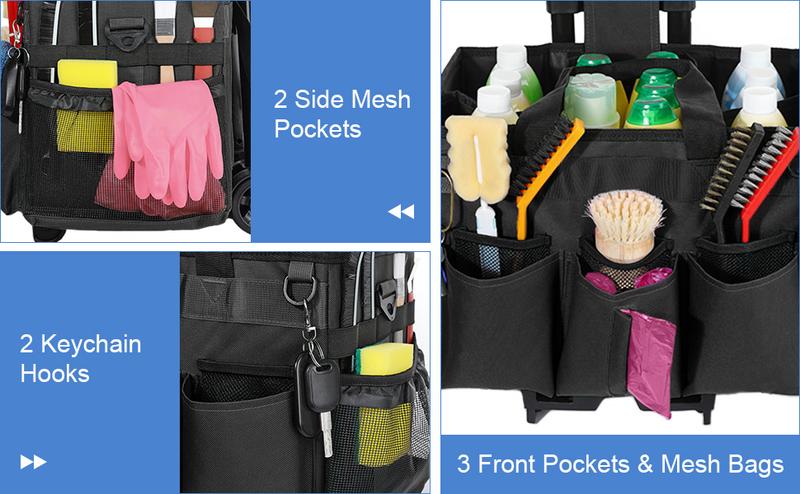 Rolling Cleaning Caddy Bag with Detachable Trolley, Professional Portable Large Cleaning Bag with Wheels, Wearable Cleaning Supply Bag on Wheels for Housekeepers, Rose Red