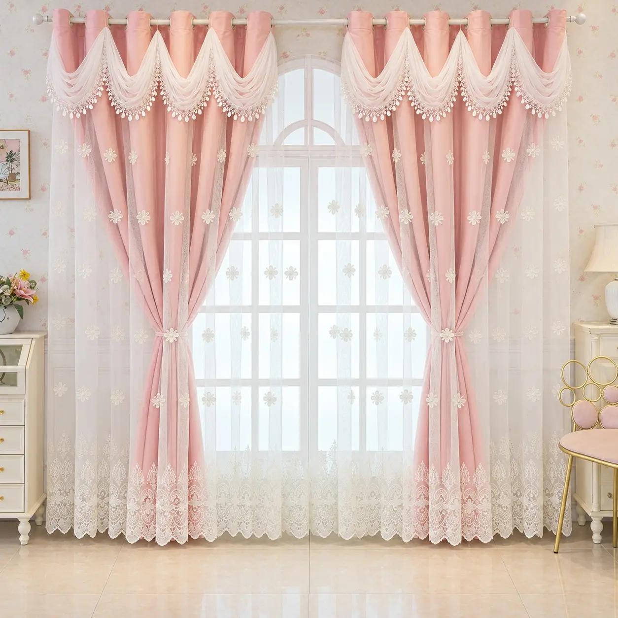Embroidered Blackout Curtains 85% Darkening, Double Layer with Sheer, Beaded Lace Swag Valance, Grommet Drapes for Bedroom Living Room, 1 Panel