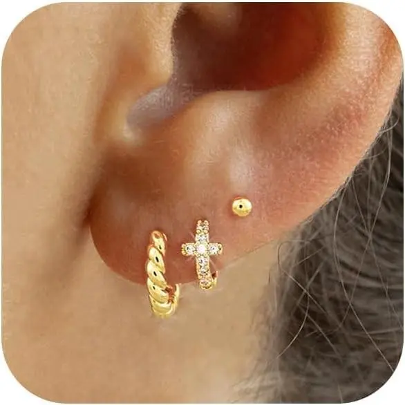 Gold-cz cross huggie set