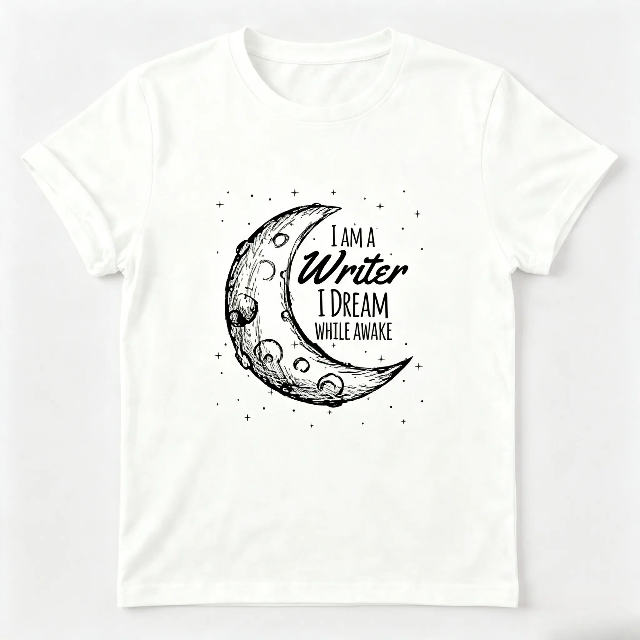 I Am A Writer Moon Star Sketch Graphic Cotton T-Shirt, Oversized Comfort Fashion Outfit, Cute Book Lover Casual Top, Perfect Valentine's Day Holiday Gift for Lovers, Family and Friends For Him Her