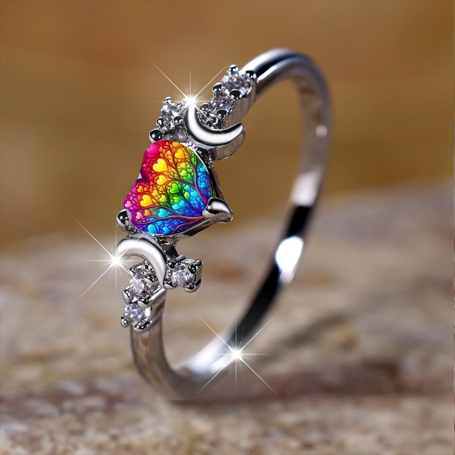 Rainbow Tree of Life Love Ring, featuring a design with double crescent moon and surrounded by broken diamonds, a niche and healing accessory with colorful love heart veins, symbolizing vitality and suitable as a gift jewelry, Bohemian Fashion Ring