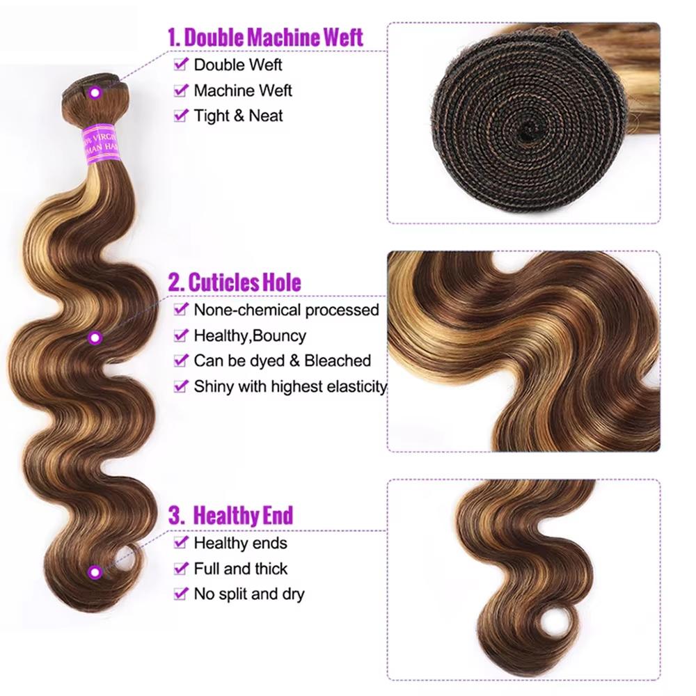 5x5 Lace Closure With Highlight Bundles Honey Blonde Body Wave Bundles With Closure Brown Colored Bundles With Closure