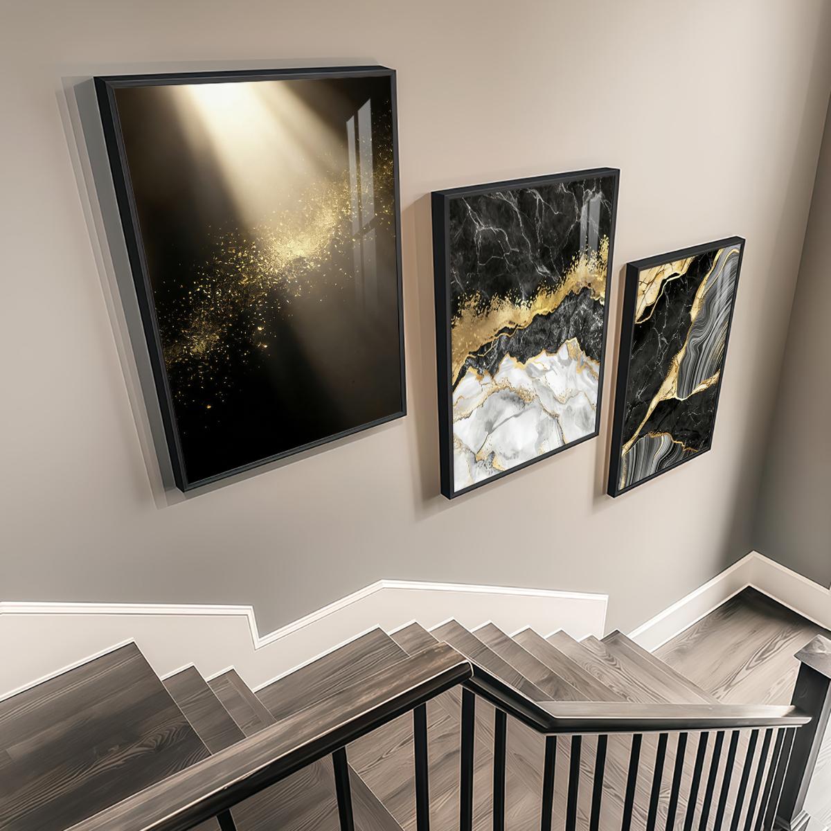 3 Counts Aluminum Alloy Framed Painting, Abstract Black Gold Marble Texture Pictures, Home Decoration For Living Room, Bedroom, Office, Restaurant, Hallway Wall Decor, Odorless Print Artwork, Luxury Perfect Gift For Friends And Family