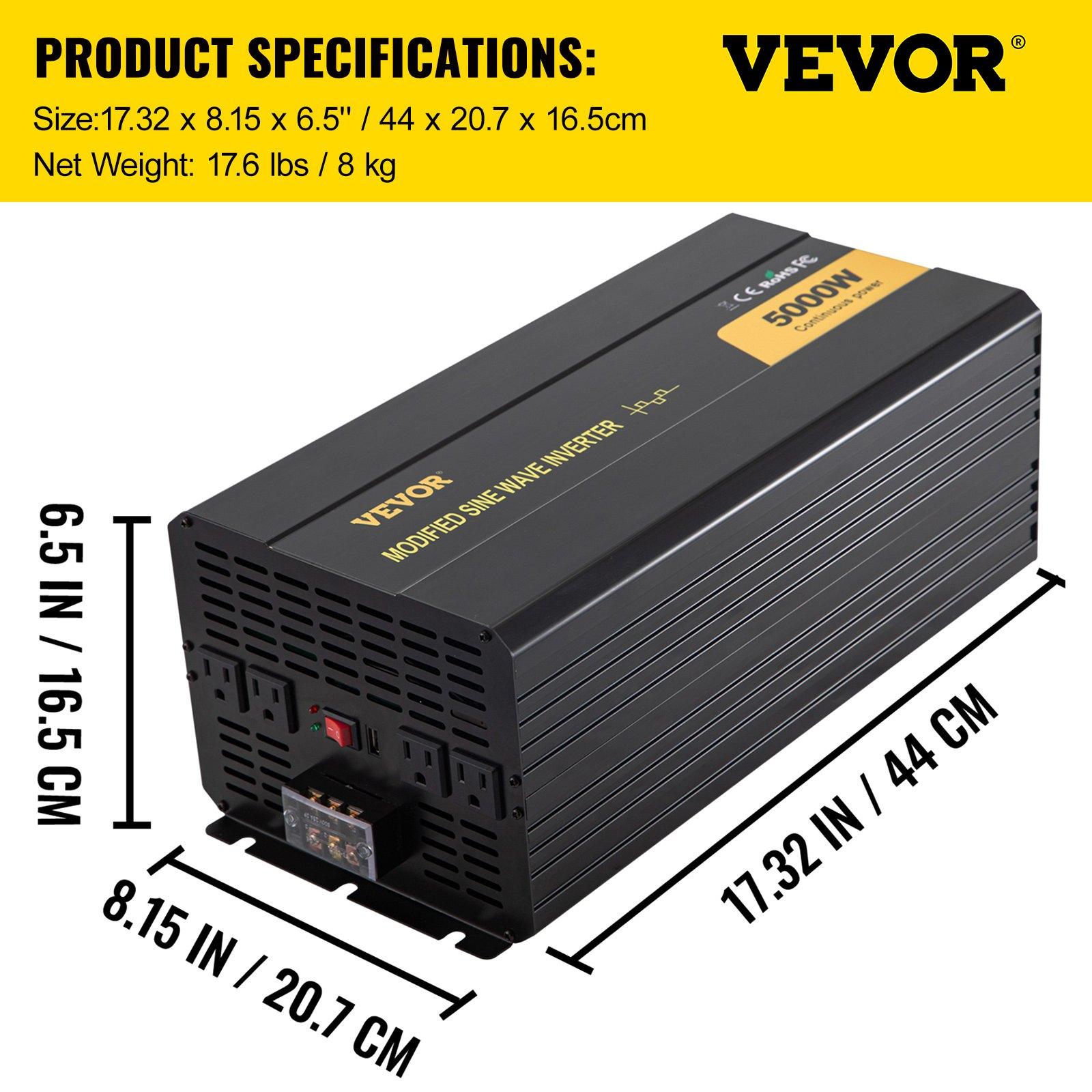 VEVOR 5000W Output Modified Sine Wave Power Inverter, DC 12V to AC 120V Car Converter with LCD Display, Remote Control, LED Indicator, AC Outlets for Car/Boat/RV Emergency Power