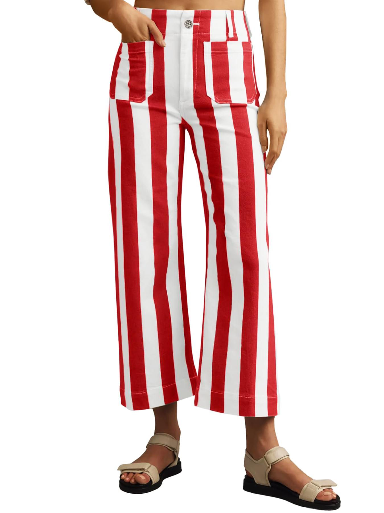 Aswulk Womens Cropped Striped Jeans Casual High Waisted Stretchy Straight Leg Denim Pants with Pockets