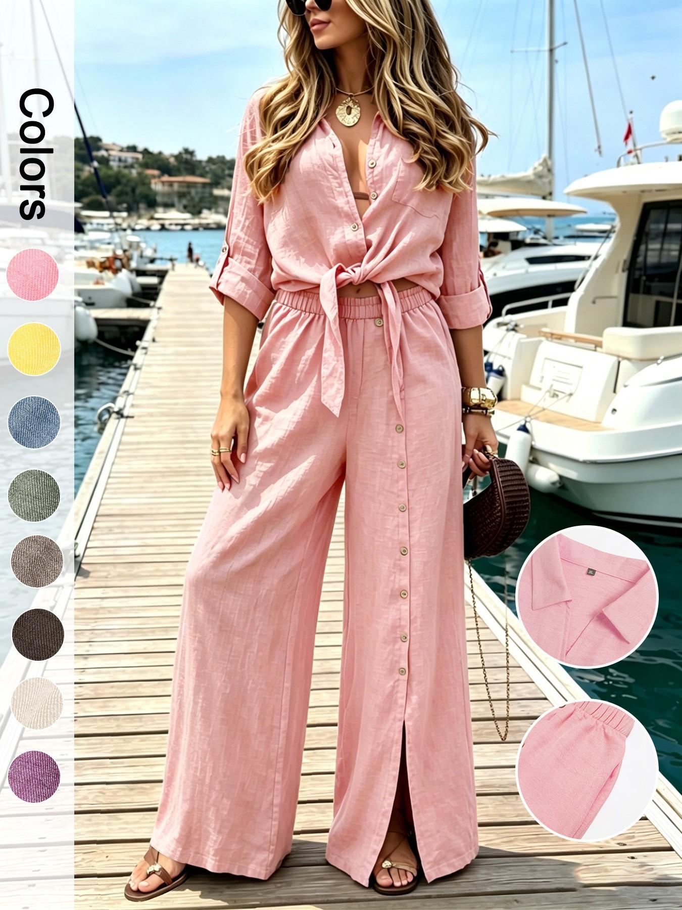 Women's Two-Piece Vacation Style Shirt and Pants Set, Knot Top with Button Decoration, Wide-Leg Pants, Casual Womenswear, Fit
