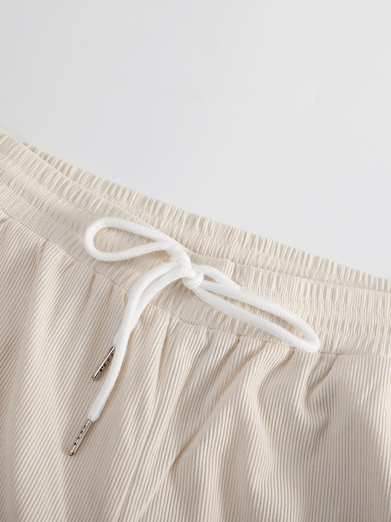 Men's Beige Corduroy 2-Piece Loungewear Set - Lapel Blazer-Style Shirt with Dual Chest Pockets + Elastic Drawstring Waist Pants, Soft Stretch Fabric, Relaxed Minimalist Plain Style, Perfect for At-Home Lounging, Casual Evenings & Seasonal Layering