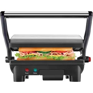 Electric Panini Press Grill, Compact 2-Slice Sandwich Maker, Non-Stick Coated Plates, Opens 180 Degrees, Dishwasher Safe, Removable Drip Tray, Stainless Steel/Black
