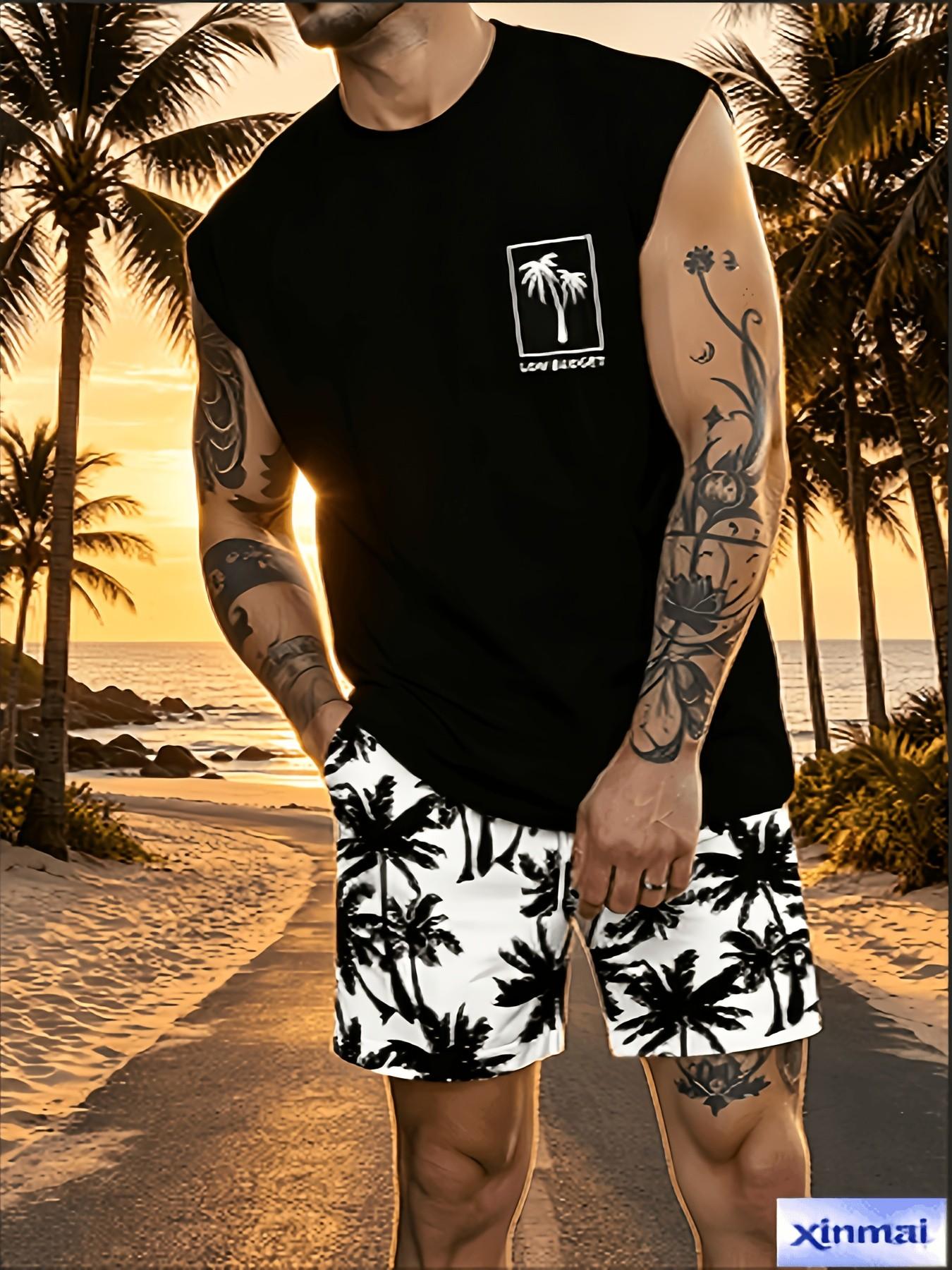 Men's Tropical Palm Tree Print Sleeveless Tank Top & Drawstring Shorts Set Summer Beach Casual Two Piece Outfit Streetwear Co Ord Set Suits