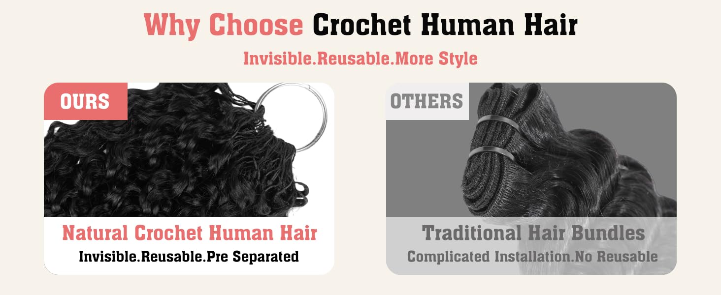 Burmese Curly Feather Crochet Human Hair Bundles Human Crochet Hair Pre Looped 100 Strands Pre-Separated Reusable Invisible 100% Virgin Human Hair Crochet Extensions 16 Inch 120g Natural Black