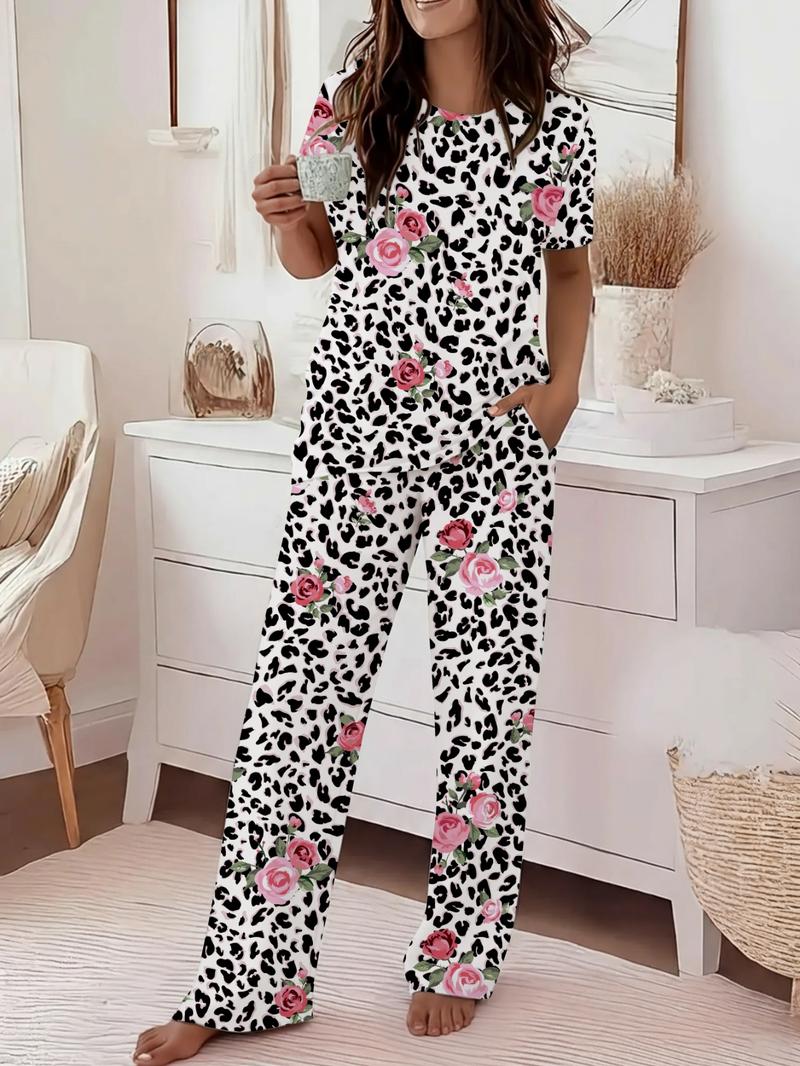 Women's Casual Printed Round Neck Short Sleeve Top & Gradient Print Pants Set, Soft Comfortable Loose Fit for Daily Wear