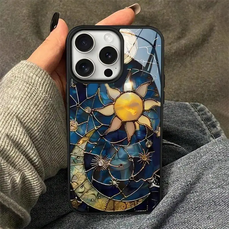 Sun and Moon Aesthetic Graphic Phone Case Compatible with iPhone 11 12 13 14 15 16 17 Pro Max, Slim Protective Acrylic Shockproof Cover, Aesthetic Smartphone Accessory