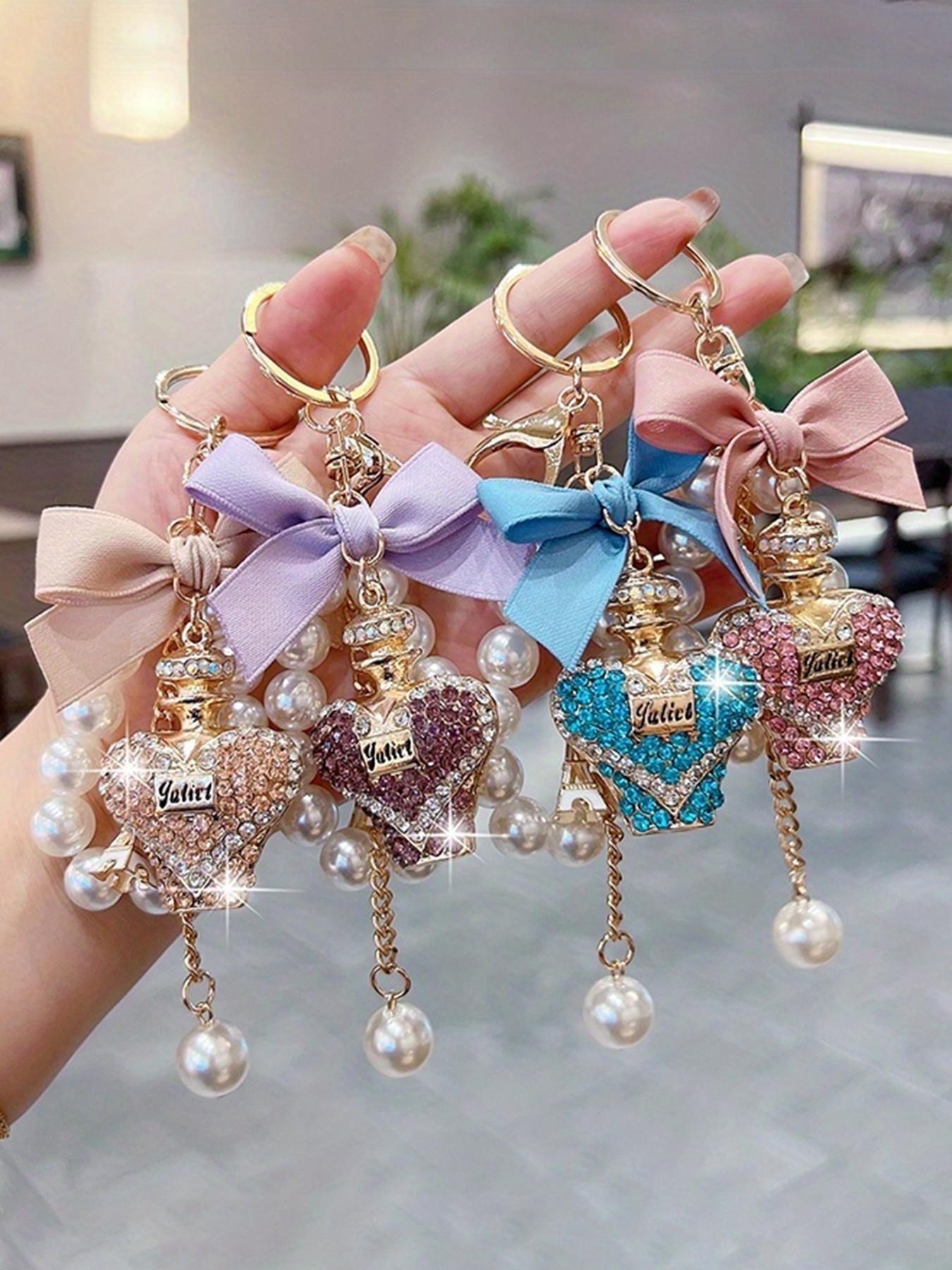 Creative Water Bottle Keychain, Fashion Bow Perfume Bottle Bag Charm, Elegant Pearl Chain Car Key Ring Gift Accessory