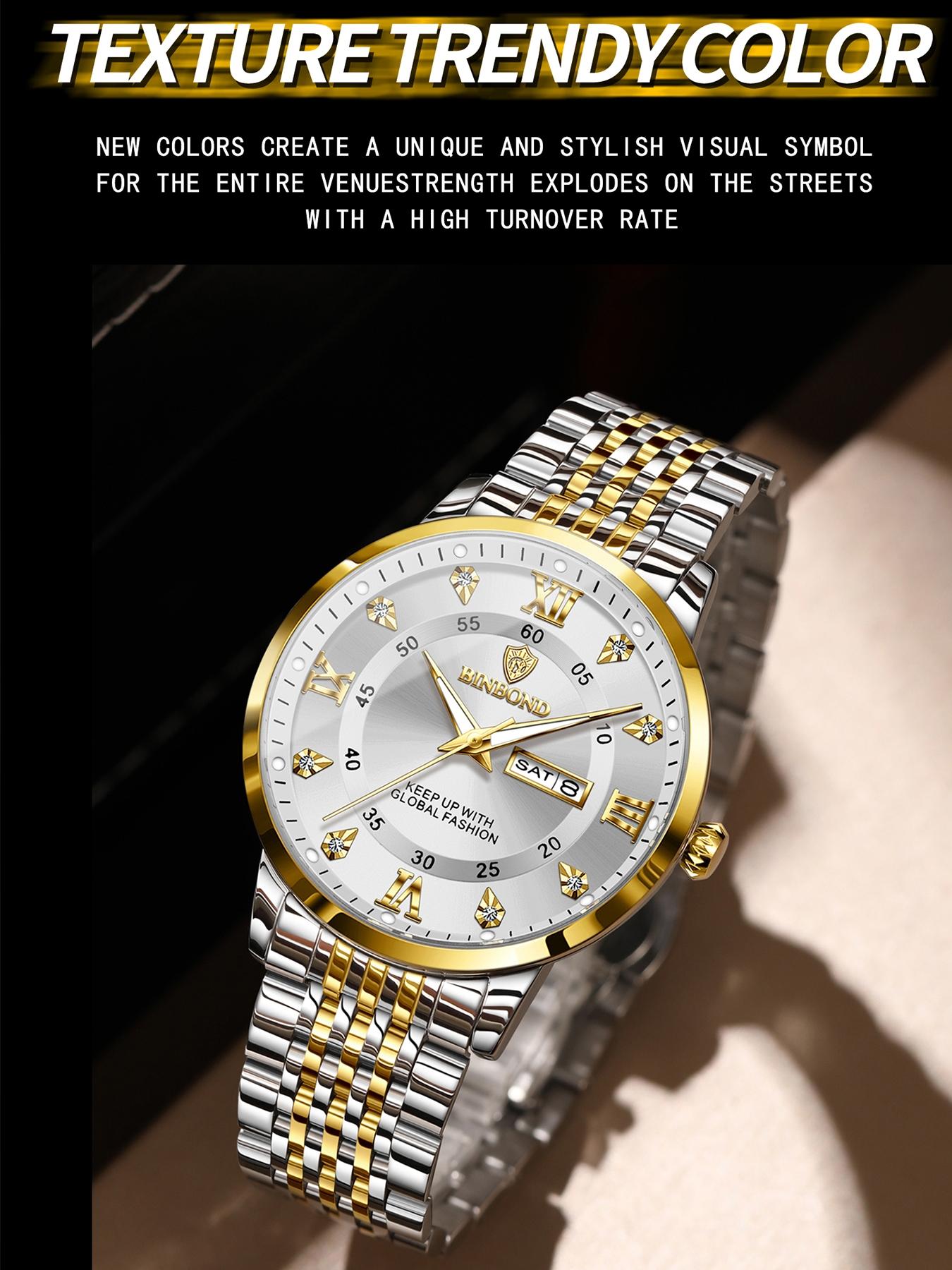 Binbond Waterproof Luminous Men's Watch, Automatic Self-Wind Quartz Wristwatch, Calendar Date Week Display, Trendy Fashion Timepiece Binbond Waterproof Luminous Men's Watch, Automatic Self-Wind Quartz Wristwatch, Calendar Date Week Display, Trendy Fashion Timepiece