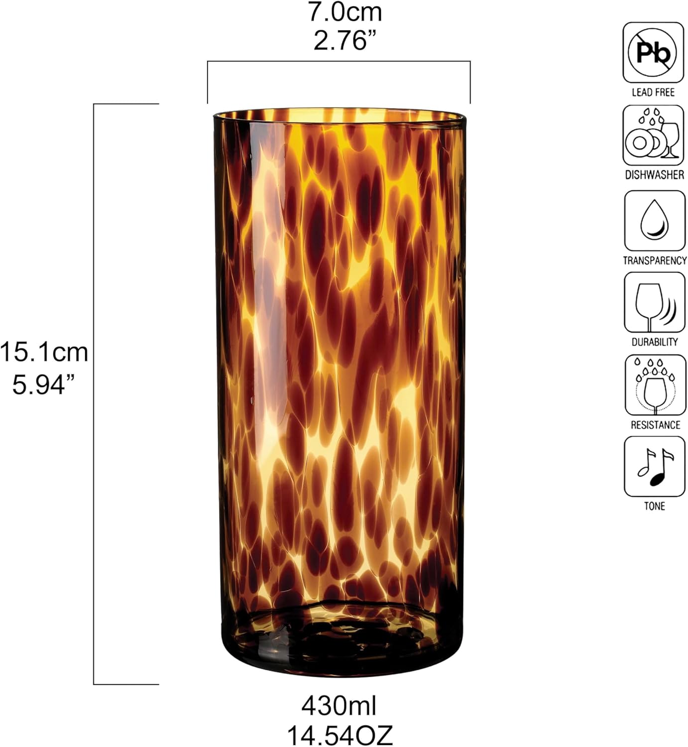 Collection Tortoise Shell Highball Glass Set of 4 – 14.54 oz Borosilicate Cocktail & Water Glasses – Durable, Lead-Free, Dishwasher Safe – Elegant Gift Packaging
