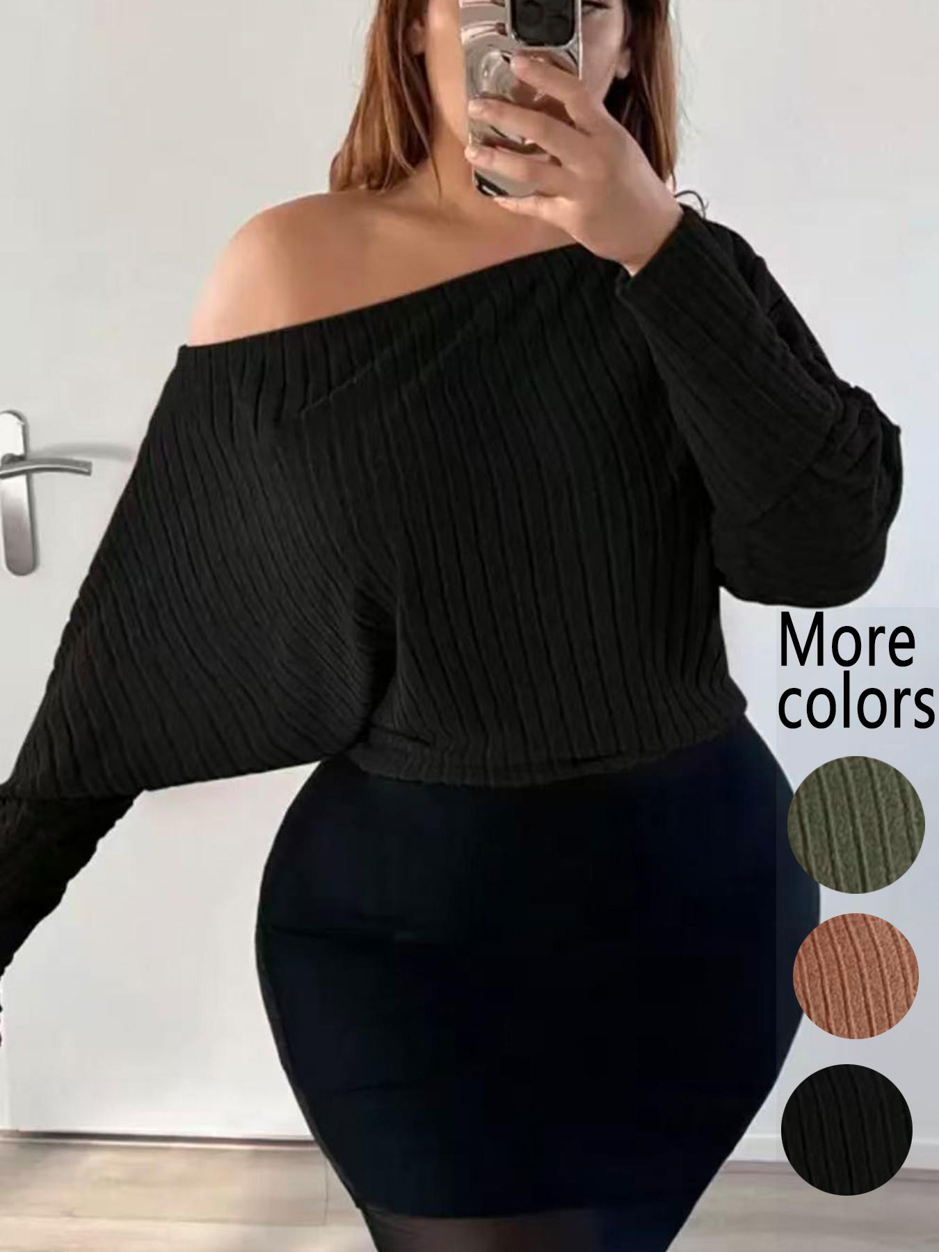 【Plus Size】1 Piece Off-Shoulder Ribbed Knit Sweater, Tik Tok Trendy Loose Style, Batwing Sleeve & Crop Design, Cozy & Fashionable, Perfect for Plus-Size Fashionistas Daily Wear & Dating Looks