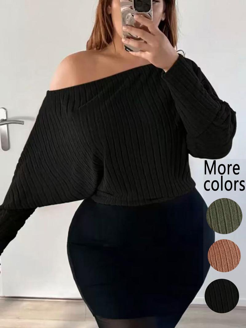 【Plus Size】1 Piece Off-Shoulder Ribbed Knit Sweater, Tik Tok Trendy Loose Style, Batwing Sleeve & Crop Design, Cozy & Fashionable, Perfect for Plus-Size Fashionistas Daily Wear & Dating Looks