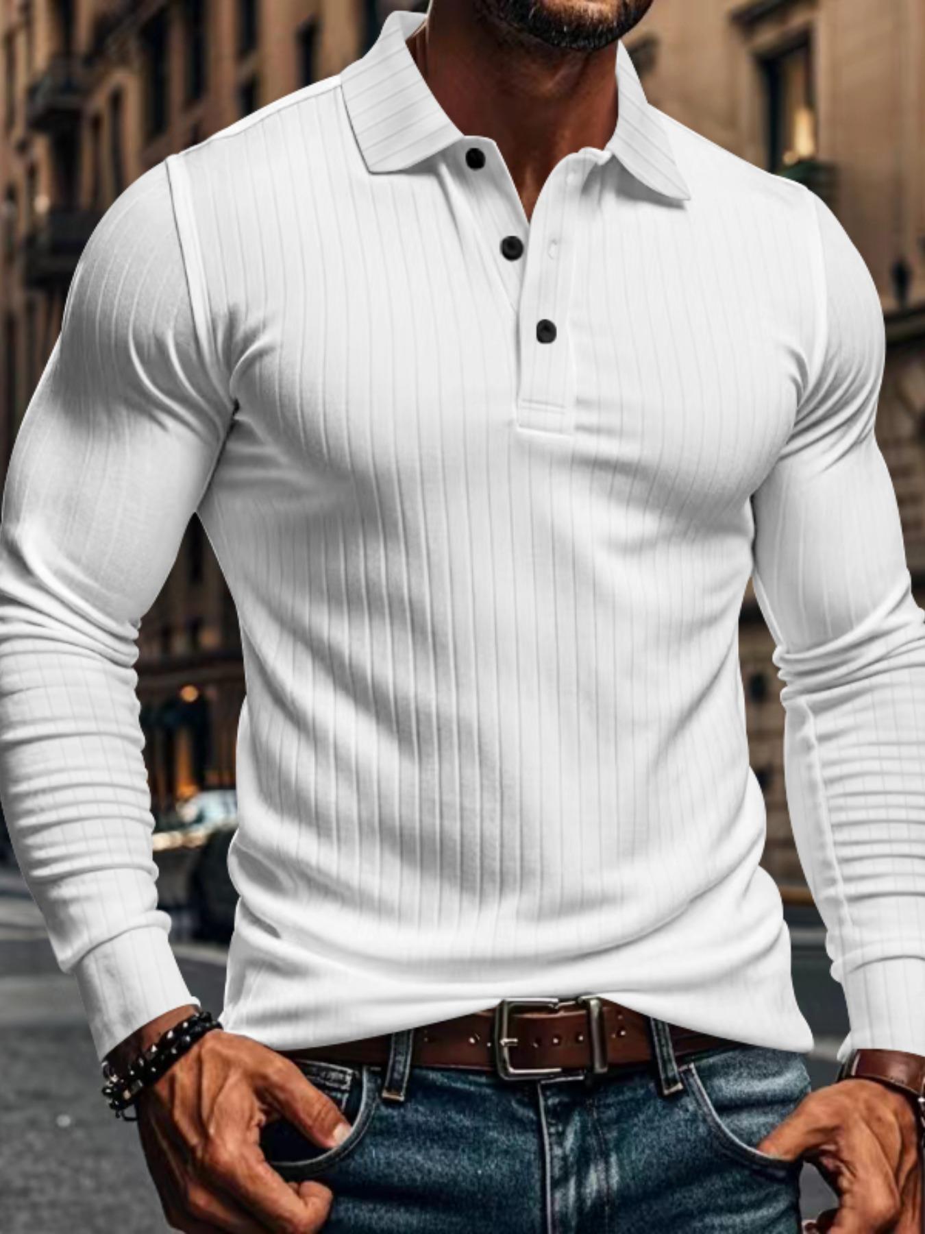 Men's Ribbed Texture Long Sleeve Polo Shirt, Comfortable Fit for Daily Wear, Stylish Design Suitable for Work & Leisure