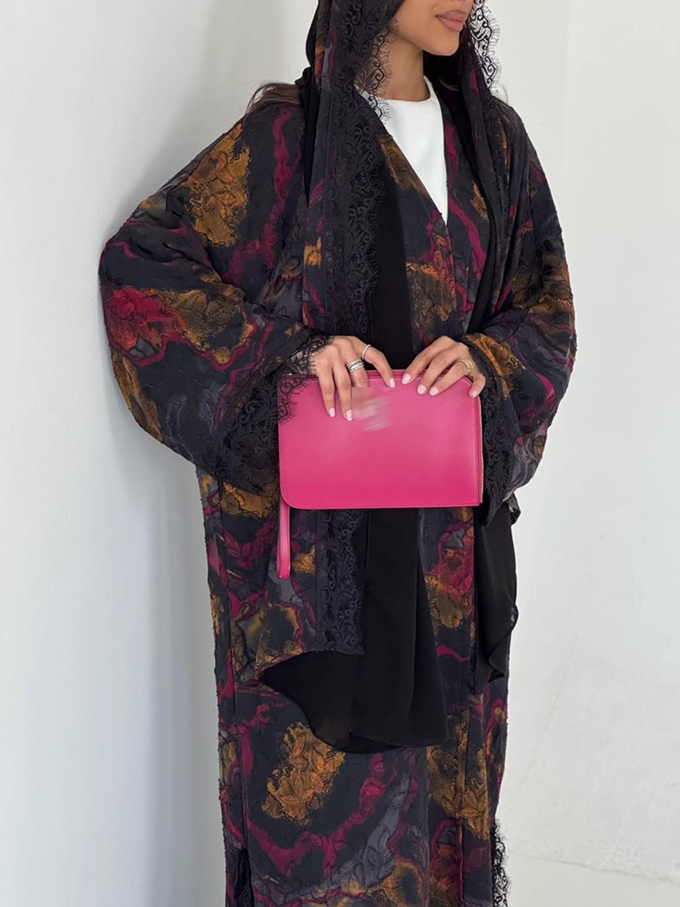 Women's Luxurious Lace Marble Print Robe, Elegant Open Front Kimono Style, Lace Trimmed, Muslim Modest Dress, Ramadan Eid Fashion