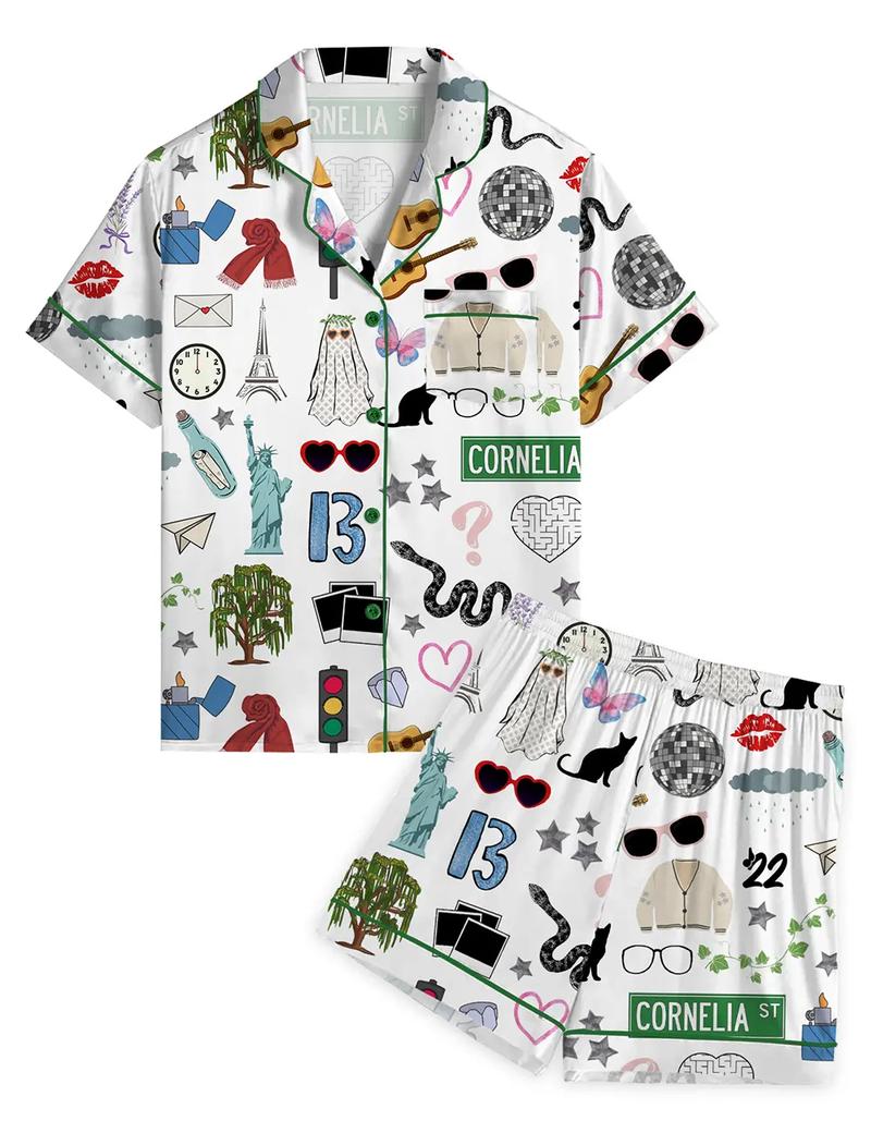 Country Music Pop Star Pajama Set For Women Print Comfy Satin Sleepwear & Loungewear Pjs Short Sleeve Top & Bottoms Shorts Without Pockets - SHESHOW