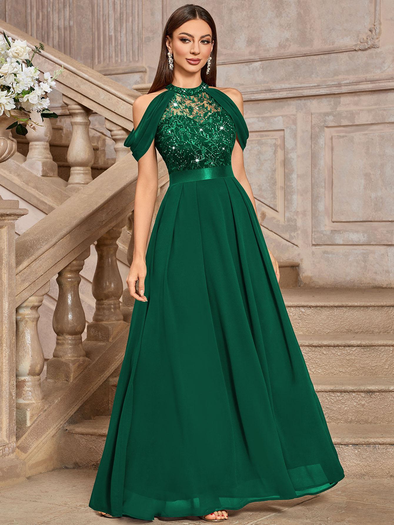 MIUSOL 24413A Women's Elegant Halter Sequin Embroidered Lace Off Shoulder Chiffon Sleeve Formal Evening Party Maxi Dress for Cocktail and Prom Events