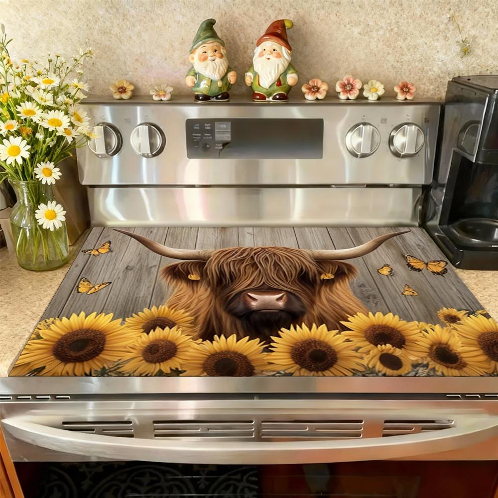 Soft Electronic Stove Panel Protector Pad, Cow Wood Grain Sunflower Design, Scratch Resistant, Easy to Clean, Multi-Purpose Kitchen Cover, Stove Plate