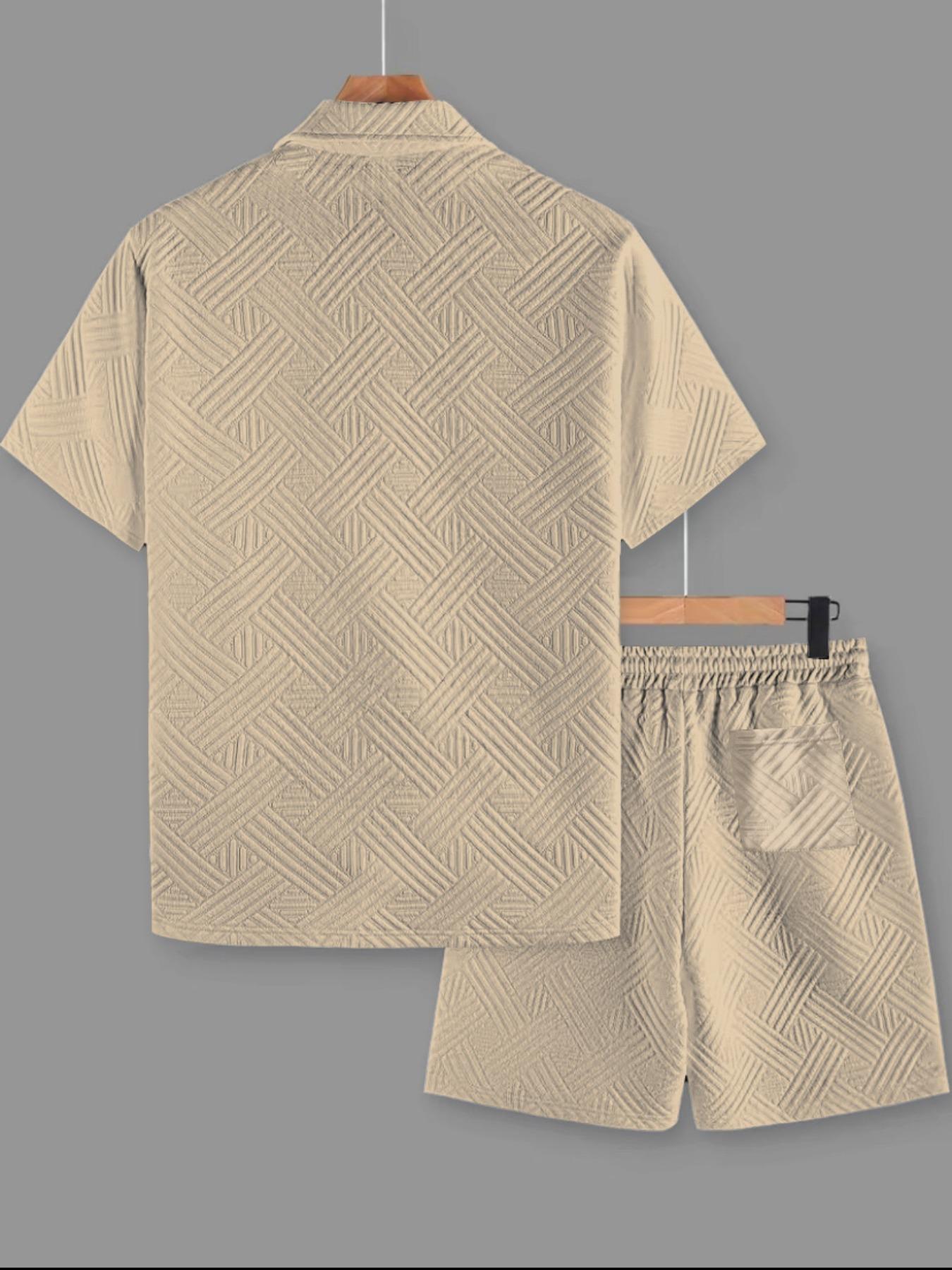 Two-piece Set Men's Solid Color Button Top & Drawstring Waist Shorts Set, Regular Fit Casual Short Sleeve Top & Pocket Shorts, Shortsleeve Men's Summer Clothes, Loungewear, Pajamas Set