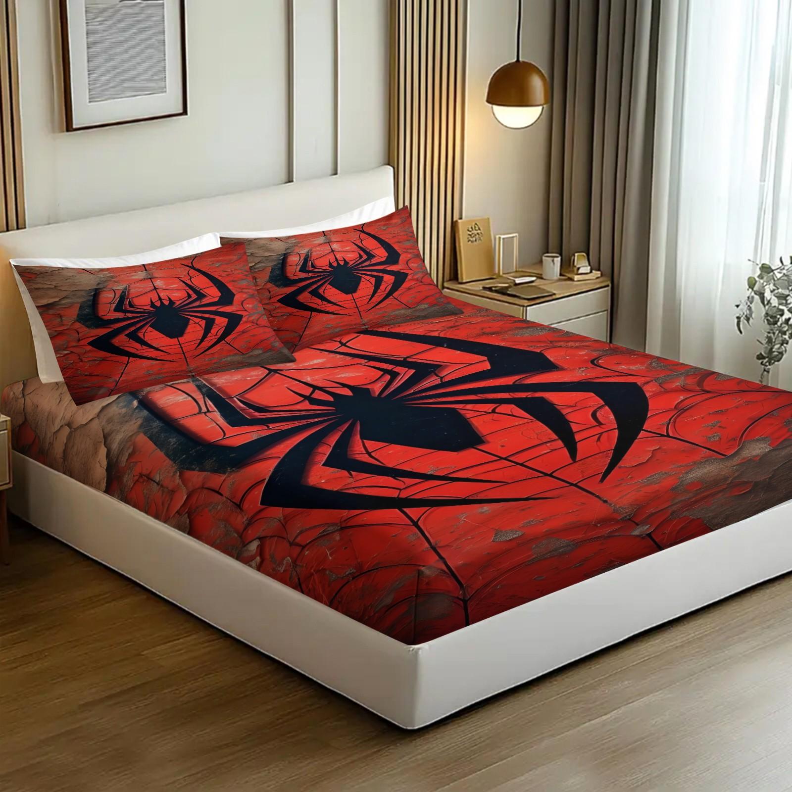 Spider Pattern Bedding Set (1 Fitted Sheet + 2 Pillowcases), Deep Pocket Fitted Sheet, Modern Home Essential Decorative Bedding