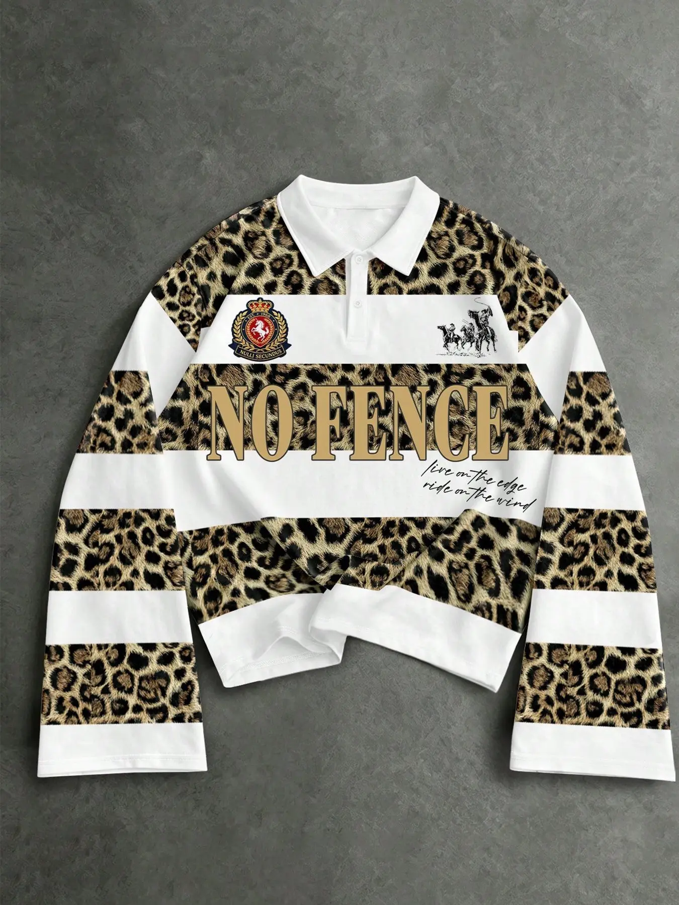 Men's American Y2K Leopard Striped Patchwork Short Polo, Vintage Badge Print, Loose-Fit Long Sleeve, Spring & Fall Casual Top