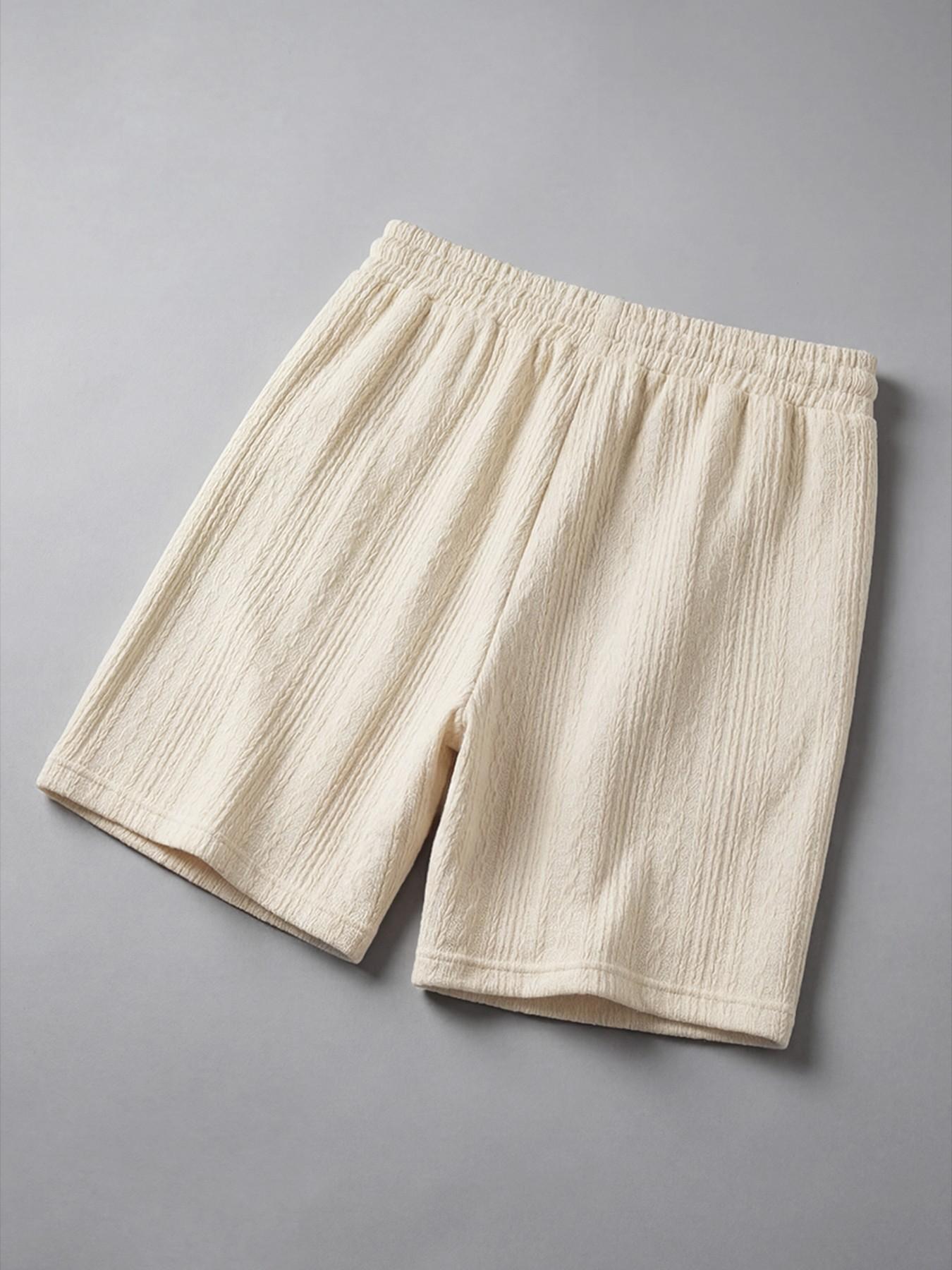 Men's Youth Textured Casual Vacation Outdoor Round Neck Loose Fit T-Shirt + Drawstring Shorts, Short Sleeve, Fitted, Plain, Contrast Binding