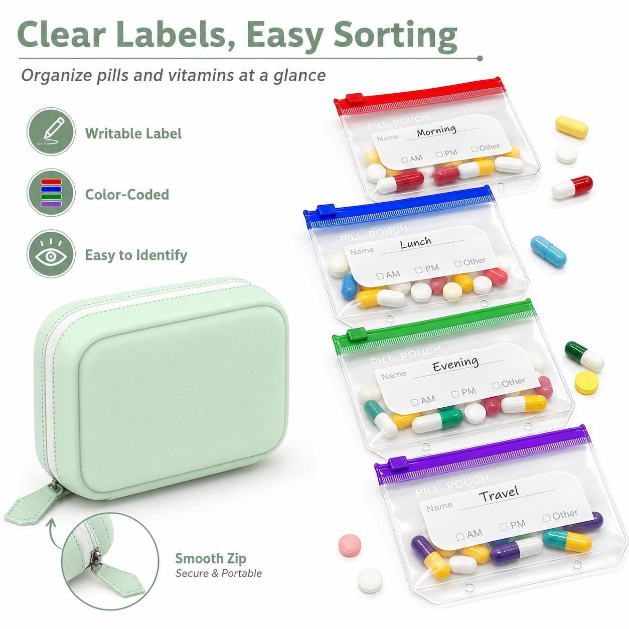 Waterproof Pill Organizer and Pouch Set, Travel Medicine Organizer with 14 Color-Coded Pouches, Leakproof Reusable Zippered Storage Case, Compact Daily Pill Holder, Portable Vitamin Organizer