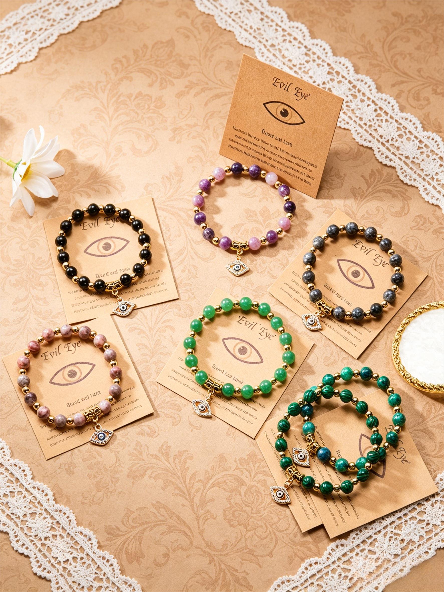 5Pcs,a set of random bracelets, multi-color natural stone Turkish evil eye bracelet set, niche design sense transfer bracelet, couple and girlfriend birthday gift, commuting versatile light luxury high-end fashion jewelry.