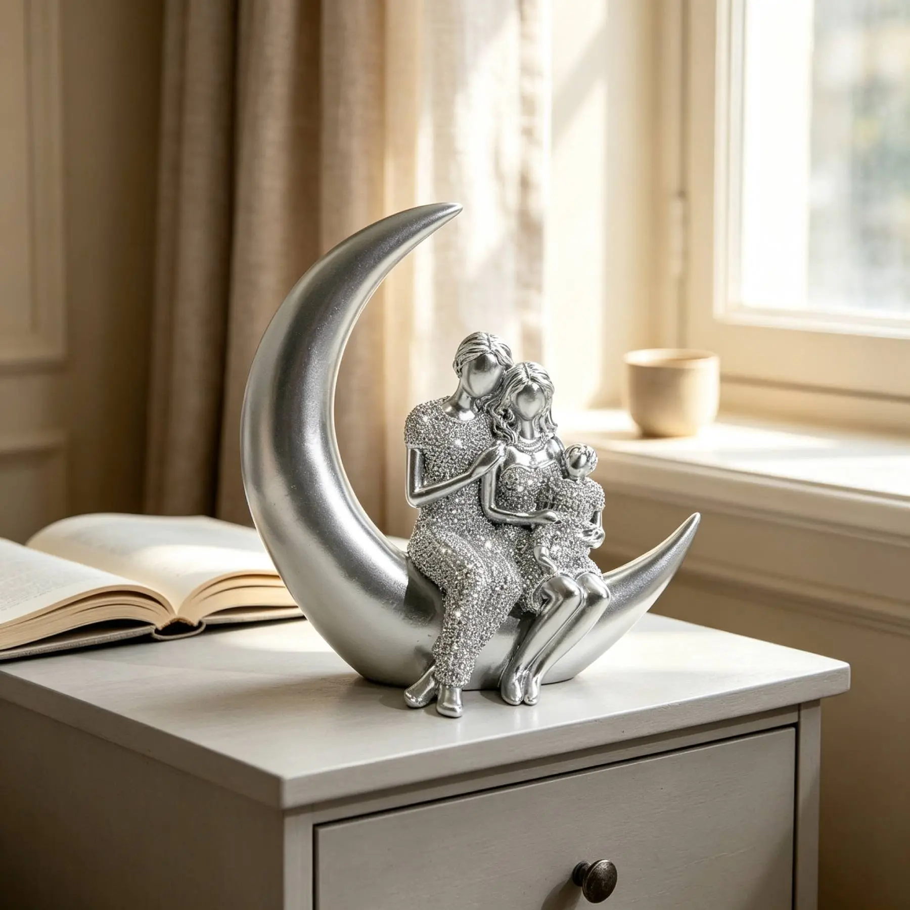 Resin Silvery Color Moon Family Statue, Emotional Shelf Decor, Sweet Anniversary Gift for Married Couples with Children