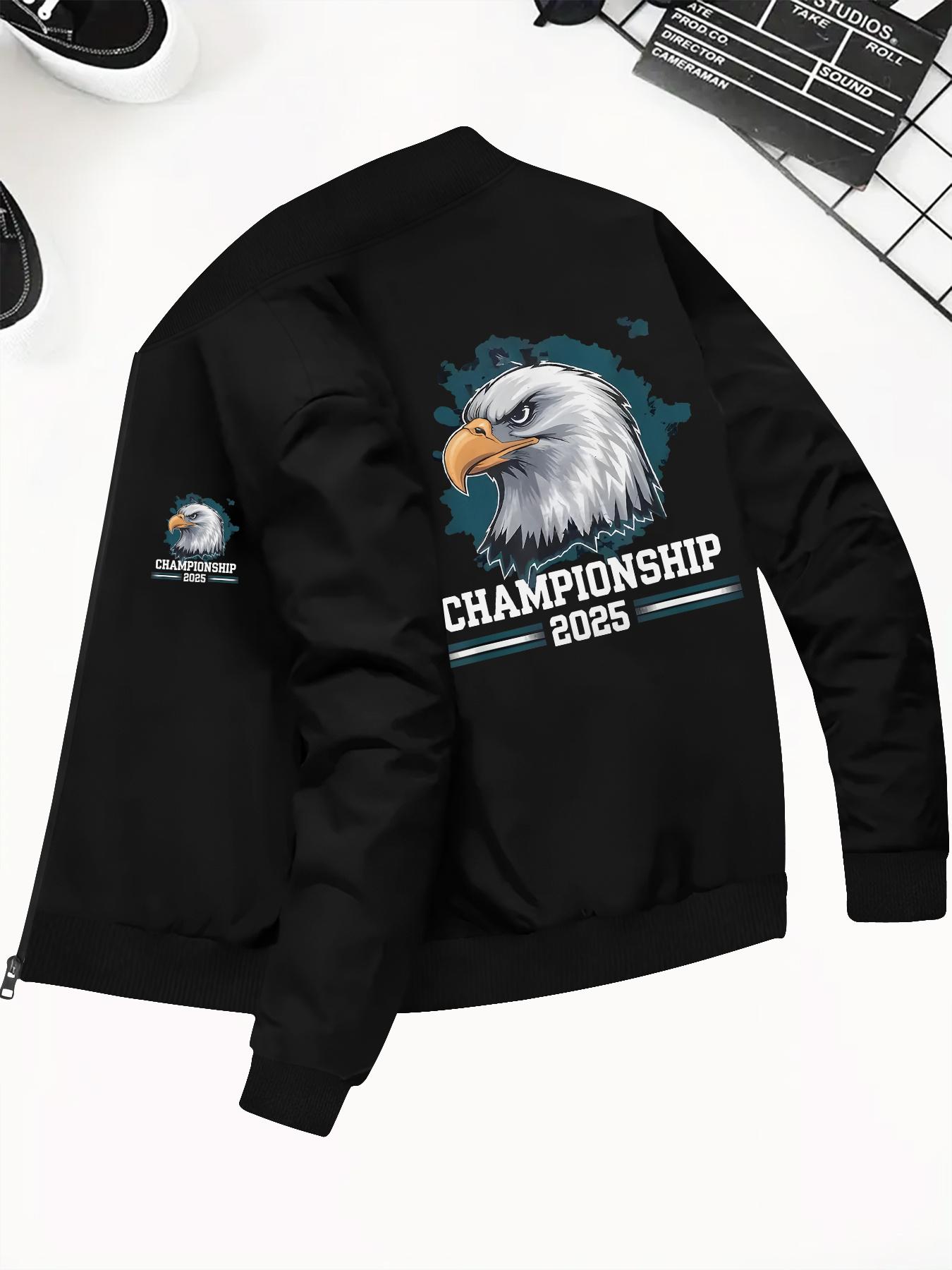 Men's Eagle Champion Pattern Fitted Pilot Jacket, Stand Collar Zipper Casual Outdoor Jacket with Pockets, Fall Winter Washable Sport Style