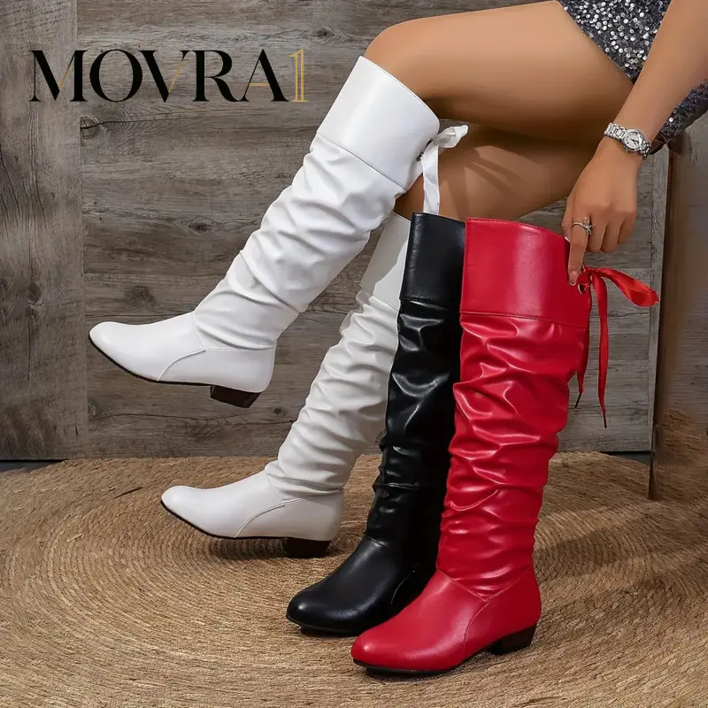MOVRA1 Women's Elegant Knee-High Boots for Casual Wear - Bow Detail, Square Toe, Chunky Low Heel, Lace-Up, Faux Cover, Rubber Sole, Available in White, Black, Red